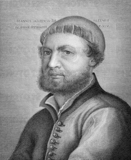 Hans Holbein the Younger (1497-1543) on copper engraving from 1841. German artist and printmaker. Engraved by Toschi from a drawing by A.Nizza after a self protrait by Holbein