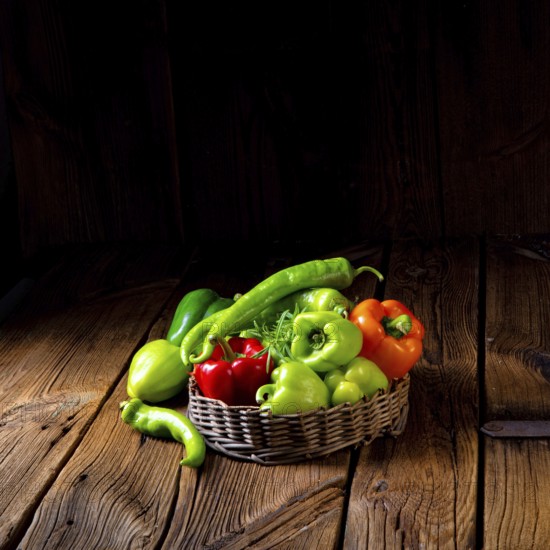 Various harvested peppers and hot peppers in basket