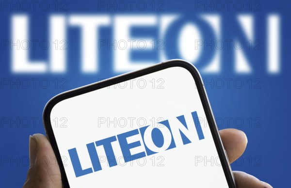 Lite on logo is displayed on smartphone. Lite-On is a Taiwanese company