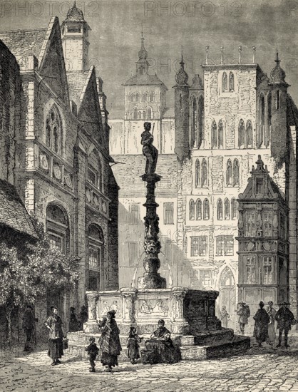 Roland fountain in front of the town hall, Historic Market Place, Hildesheim, Lower Saxony, Germany, 19th century, Europe