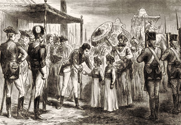 Reception of the hostages of Tipu Sahib, Surrender of Two Sons of Tippoo Sultan, 1792, Third Anglo-Mysore War, From British Battles on Land and Sea, by James Grant