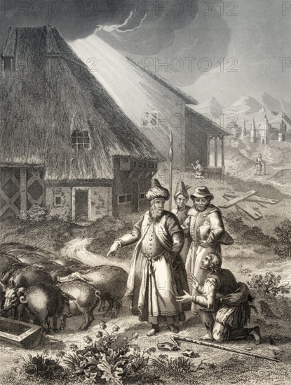The Parable of the Prodigal Son, swineherd, New Testament, steel engraving 1853, digitally restored