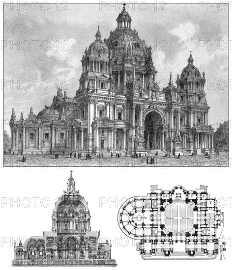 Berlin Cathedral, Germany, historical illustration, floor plan and intersection, about 1896, Europe Dom zu Berlin, Deutschland, historische Illustration, ca. 1896, Europa, Europe