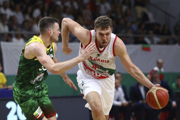 Samokov, Bulgaria - 1 July, 2022: Aleksandar Vezenkov (R) from Bulgaria is seen in action during the FIBA Basketball World Cup 2023 European Qualifiers