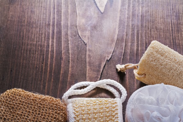 Classical bathroom wisps on vintage wooden board with copypace horizontal vercion