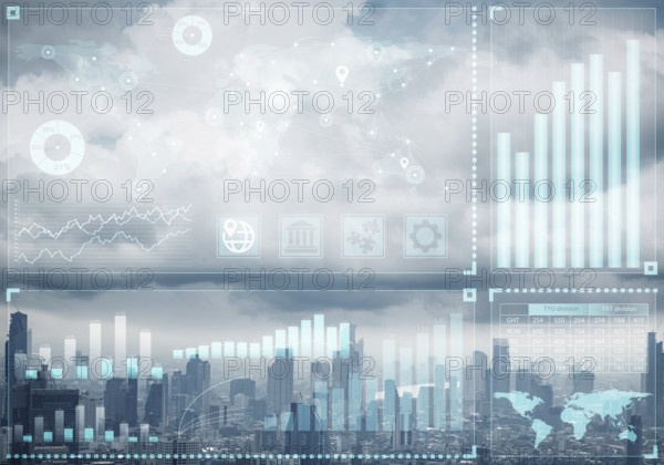 Forex trading business concept with abstract financial graphics on background of modern city skyline. Stock exchange market graph analysis. Digital analytics and statistics. Stats and economy