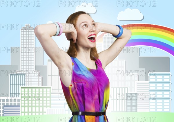 Redhead beautiful girl closing her ears with hands. Charming lady in bright colorful dress and bracelets on background cartoon cityscape. Portrait of happy young woman looking up aside with open mouth