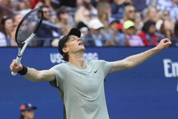 Tennis player Jannik Sinner of Italy celebrates at the US Open 2024 Championships, Billie Jean King Tennis Center, Queens, New York, USA, North America