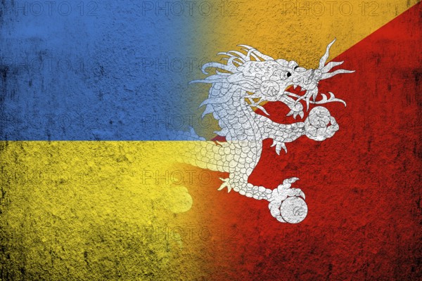 Kingdom of Bhutan National flag with National flag of Ukraine. Grunge background