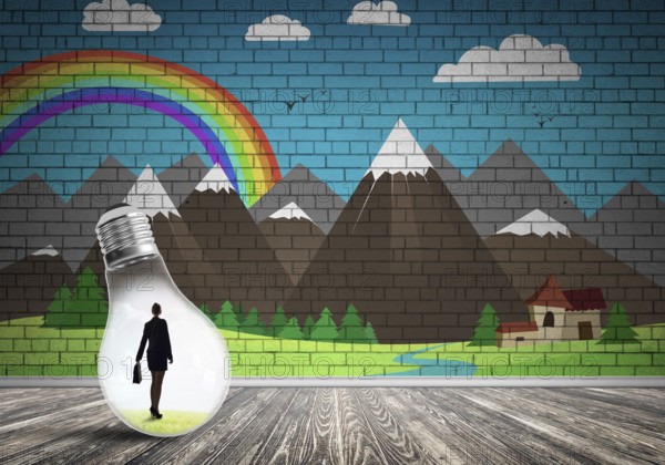 Businesswoman inside light bulb in room against nature drawn concept