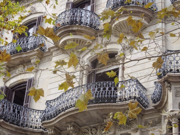 Beautifully shaped balconies on the modernist facade of a residential building, Barcelona, Catalonia, Spain, Europe