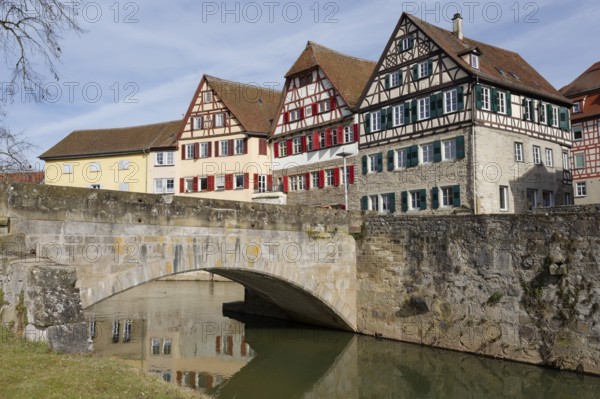 View from Grasbödele to half-timbered houses, half-timbered house, half-timbered, medieval, old town, Kocher valley, Kocher, Schwäbisch Hall, Hohenlohe, Germany, Europe