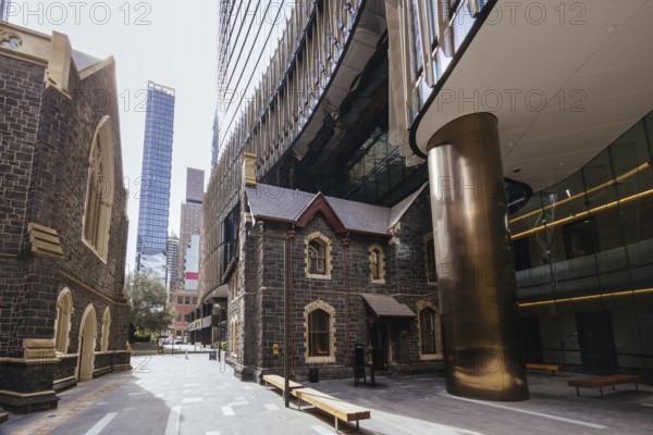 MELBOURNE, AUSTRALIA, MARCH 26, 2023, Architectural details in Melbourne's Wesley Place and the Manse on a sunny autumn day in Melbourne, Victoria, Australia, Oceania
