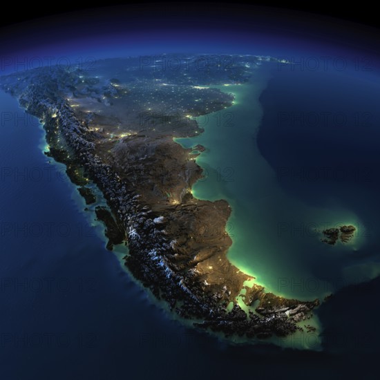 Highly detailed Earth, illuminated by moonlight. The glow of cities sheds light on the detailed exaggerated terrain and translucent water of the oceans. Elements of this image furnished by NASA