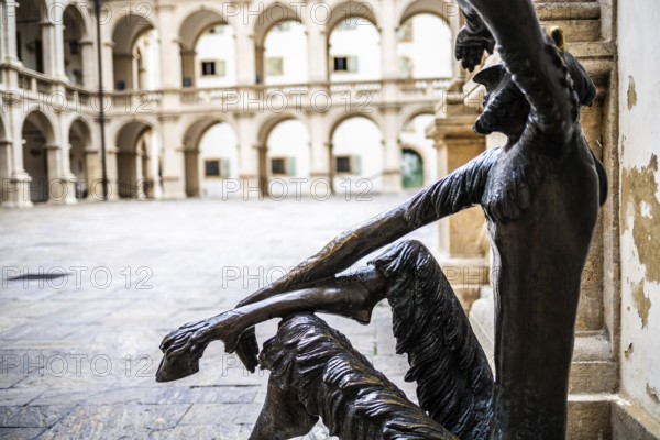 Sculpture Faun with a view, large country house courtyard, country house, Graz, Styria, Austria, Europe