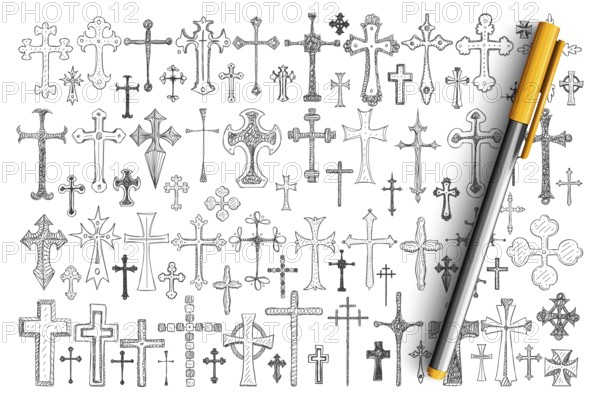 Various religious crosses doodle set. Collection of hand drawn crosses of different sizes and styles as symbol of religious faith, Christianity isolated on transparent background
