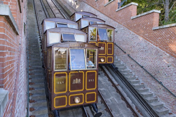 Budapest Castle Hill Funicular, a railway connecting the bank of Danube and Buda Castle District in Budapest, Hungary, Europe