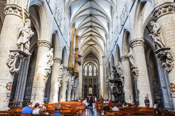 Gothic interieur of the Saint Gudula cathedral, Brussels Old town, Belgium, May 2017, Europe