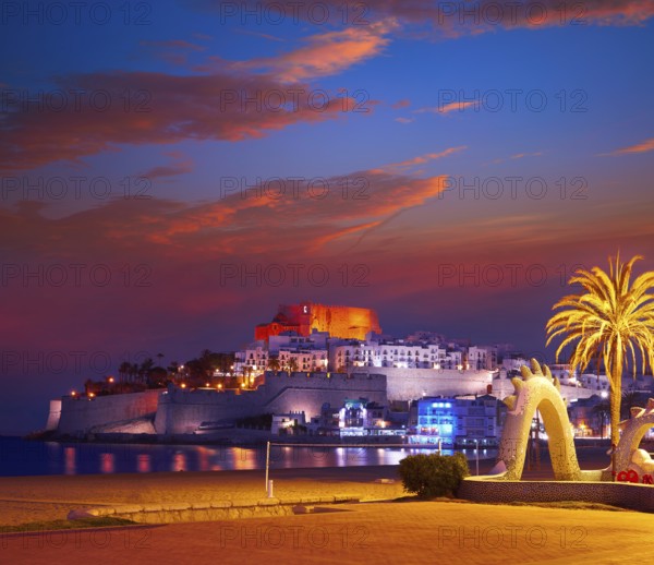 Peniscola skyline and castle beach sunset in Castellon of Spain