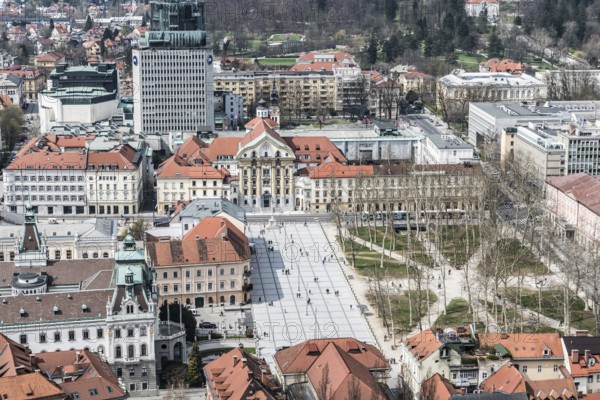 Ljubljana, Slovenia -04 07 2018: panoramic view over the main square from the castle