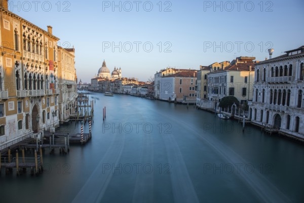 Evening light, view of the Grand Canal from the Ponte dell' Accademia, Basilica Maria della Salute in the background, long exposure, Venice, Italy, Europe
