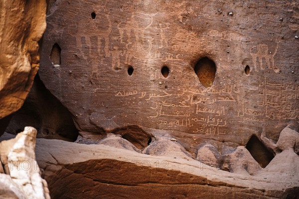 Petroqlyphs, rock carvings, Unesco site Maidain Saleh or Hegra, Al Ula, Kingdom of Saudi Arabia