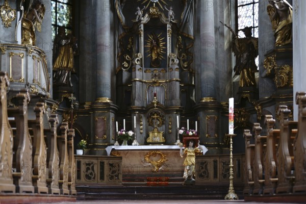 Mainz, Germany - June 08, 2017: The pompous triumphal high altar of St. Stephen's Church with gold-decorated sacred art on 08 June 2017 in Mainz