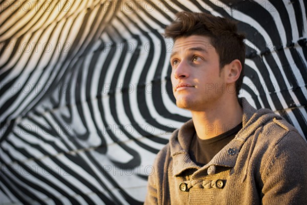 Attractive young man standing against zebra pattern graffiti wall, looking up