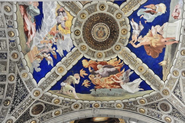 Vatican Museums, Vatican City, Vatican, Rome, Lazio, Italy, Baroque ceiling painting with angels and mythological scenes on intense blue, Vatican, Rome, Lazio, Italy, Europe