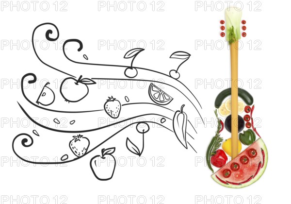 Creative photo of a standing guitar made of vegetables and fruits on a grey sketchy background of flowing fruity notes