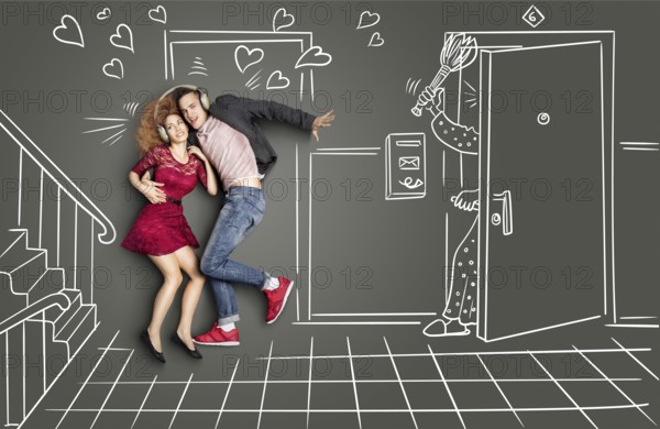 Happy valentines love story concept of a romantic couple sharing headphones and listening to the music on the stairs too loud for the neighbours, against chalk drawings background