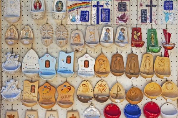 Holy water bowls, devotional objects, souvenir kitsch, Pilgrimage Church of the Assumption of the Virgin Mary, Birkenstein, Fischbachau, Upper Bavaria, Bavaria, Germany, Europe