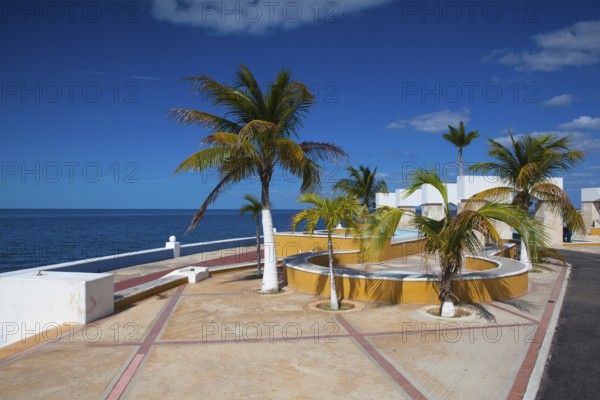 Renovated promenade on the sea shore in Campeche, Mexico. During the colonial period, the city was a rich and important port, but declined after Mexico's independence
