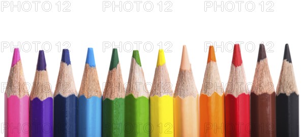 Rainbow color pencils in a row isolated on white