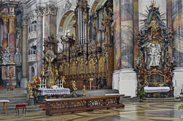 Choir stalls with side organ, Basilica of St Alexander and St Theodor, Ottobeuren Monastery, Allgäu, Swabia, Bavaria, Germany, Europe