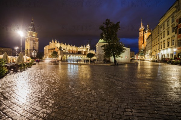 Poland, Krakow, Main Square in Old Town after the rain, city skyline at night with Town Hall Tower, Cloth Hall and St Mary Church, Europe