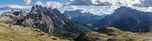 Scenic calm mountain landscape in the surroundings of the famous Three Peaks mountains, Dolomites in South Tirol