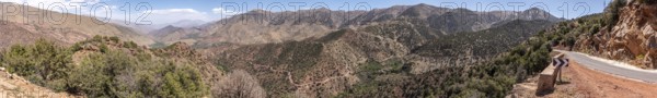 Scenic mountain landscape at northern Tizi n'Test pass in the Atlas mountains, the road meanders upwards, Morocco, Africa