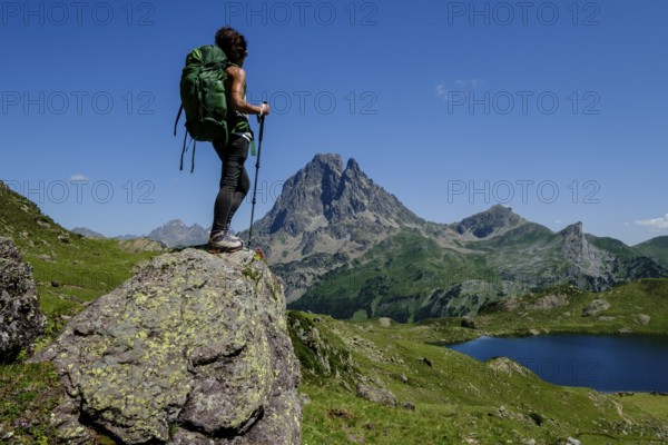 Trekker on Tour de l Ossau and Ayous lakes tour, Pyrenees National Park, Pyrenees Atlantiques, France, Europe