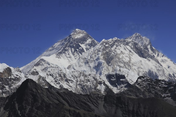 Majestic Mount Everest, also named Chomolungma and Nuptse seen from Renjo Pass, Nepal, Asia
