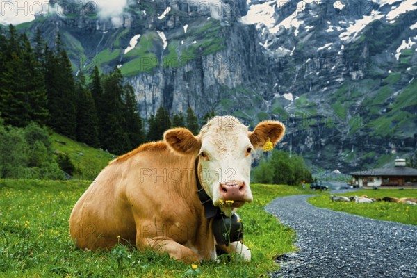 A cow laying on a green meadow with mountains and clouds in the background, Alpine cows, mountains, animal, cow, Switzerland, Europe