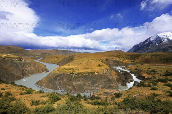 Horseshoe Paine. Epic grand landscape in the national park Torres del Paine, Patagonia, Chile. Paine river bends in a horseshoe shape around the picturesque hills