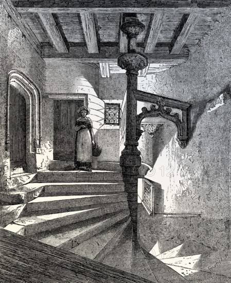 Gothic staircase, La Psallette, a 15th century mansion located in Nantes, France, 19th century, Europe
