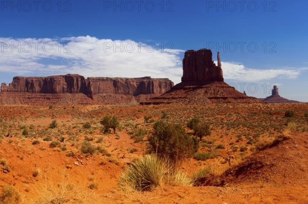 Iconic peaks of rock formations in the Navajo Park of Monument Valley in Utah