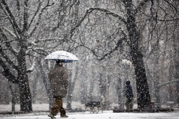 An old man walks in the park with umbrella during snowfall