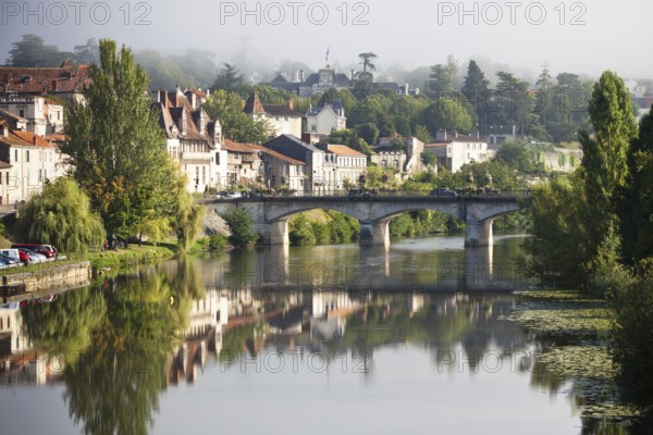 Picturesque view of Perigord town in France. Landscape with the river Vezere