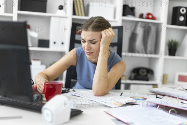 Beautiful young girl in a blue dress is working in the office. photo with depth of field