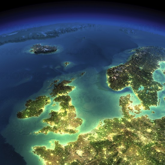 Highly detailed Earth, illuminated by moonlight. The glow of cities sheds light on the detailed exaggerated terrain. Night. United Kingdom and the North Sea. Elements of this image furnished by NASA