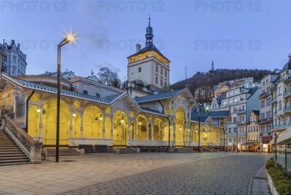 Market Colonnade and castle tower in the historical center of Karlovy Vary, Czech republic
