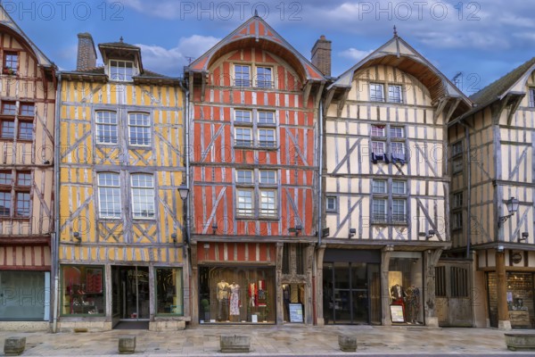 Street with historical half-timbered houses in Troyes city center, France, Europe